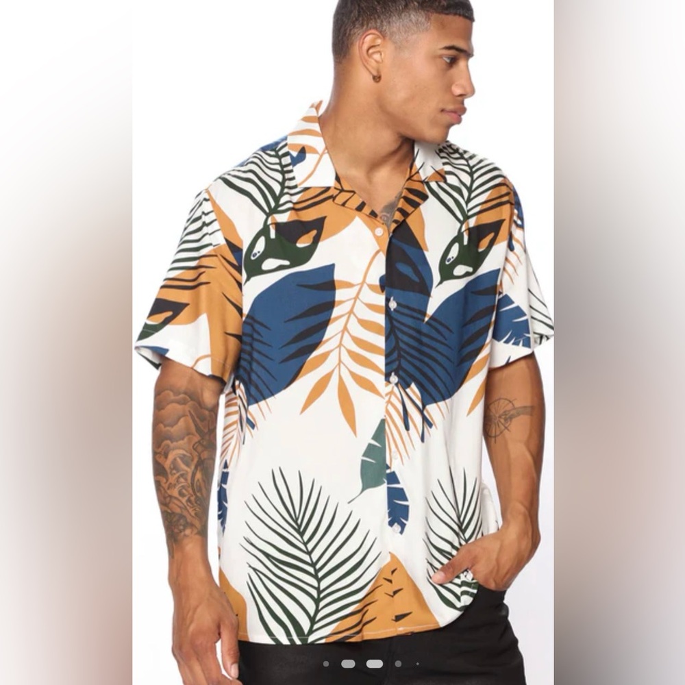 Men's Tropical Print Short Sleeve Shirt - White Blue Tan